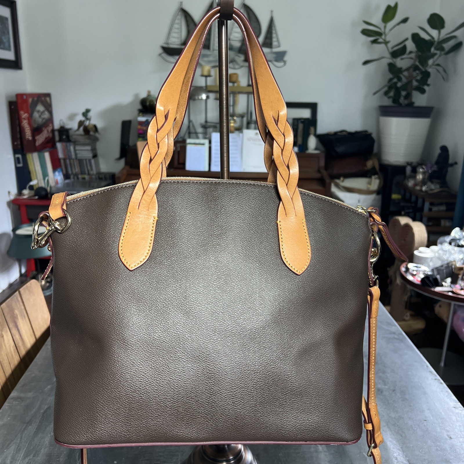 Dooney& Bourke Celeste Satchel Bag Pebble Leather Brown Large Strap 10x12x7