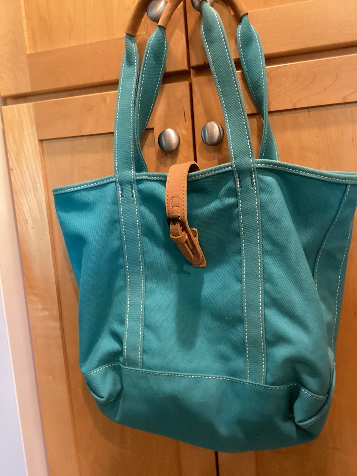 LL Bean Blue Canvas Tote, Leather Latch and Handles