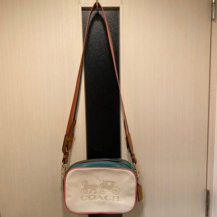 COACH Jes Double Zip Camera Bag Chalk Pebble Leather Rainbow Strap 9.6×6.3 inch