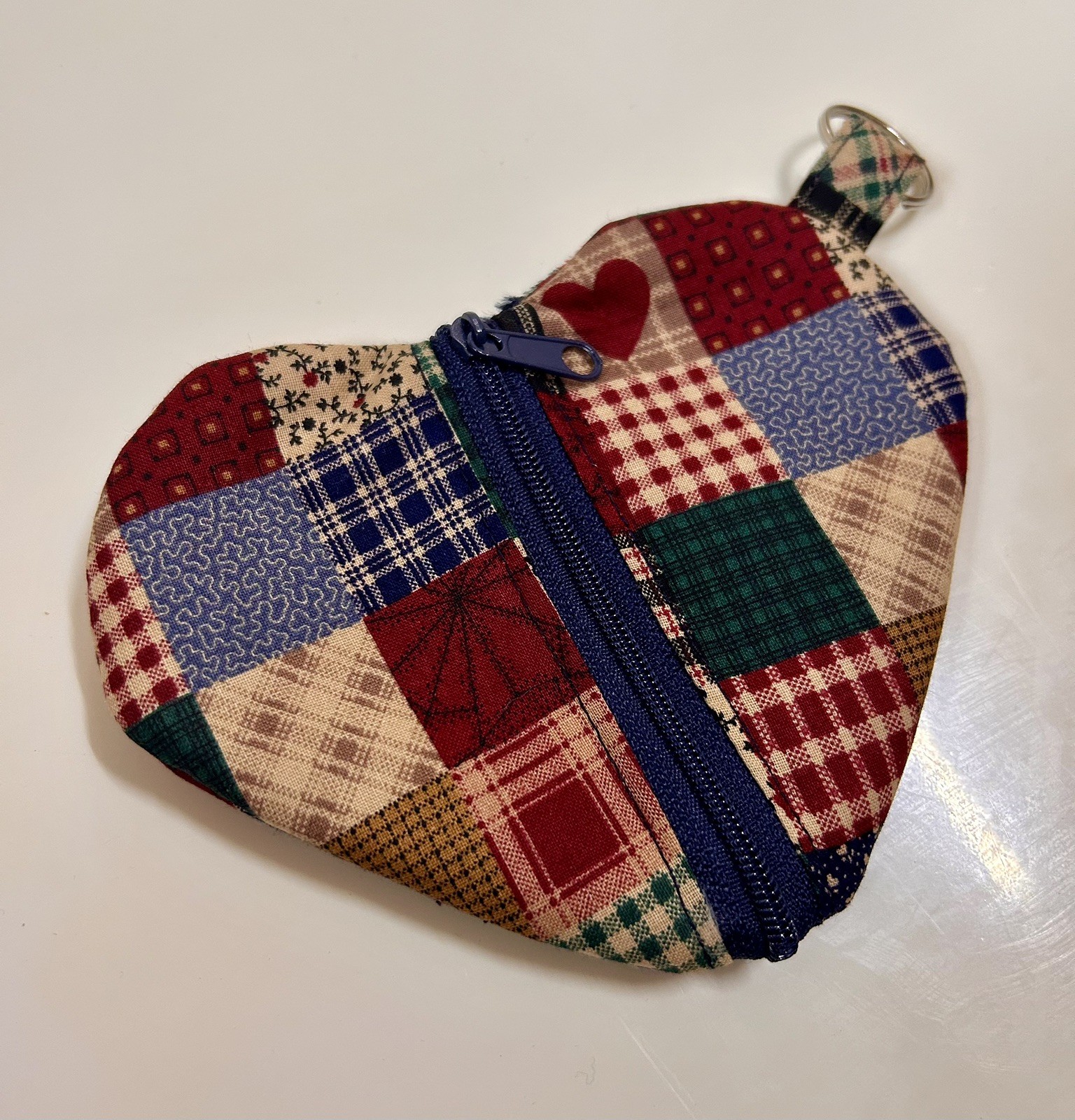 Handmade Hand Stitched Quilted Heart Zipper Pouch Key Chain Purse Charm