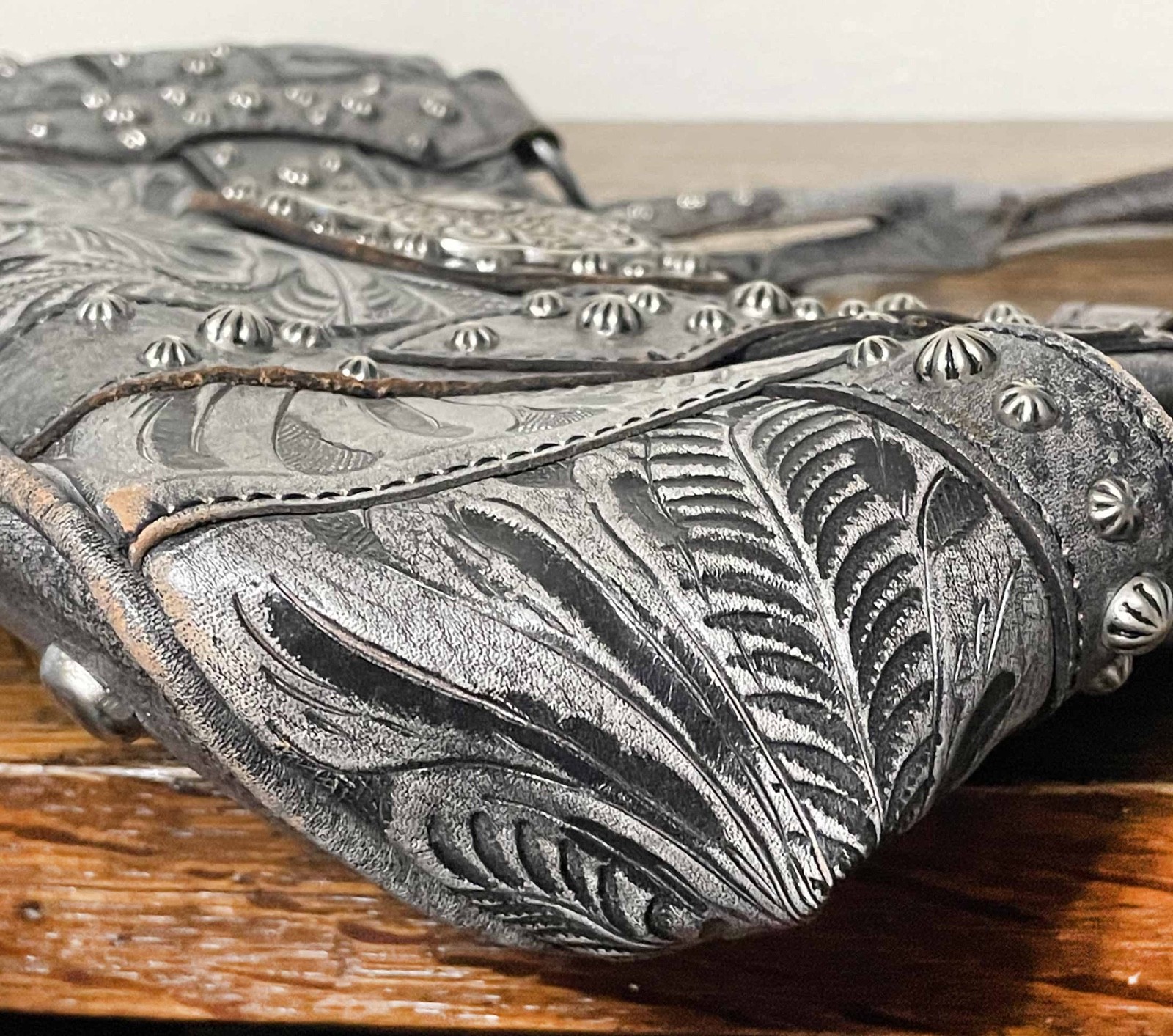 VTG American West Dark Gray Tooled Leather Shoulder Bag Studded Accents, Used