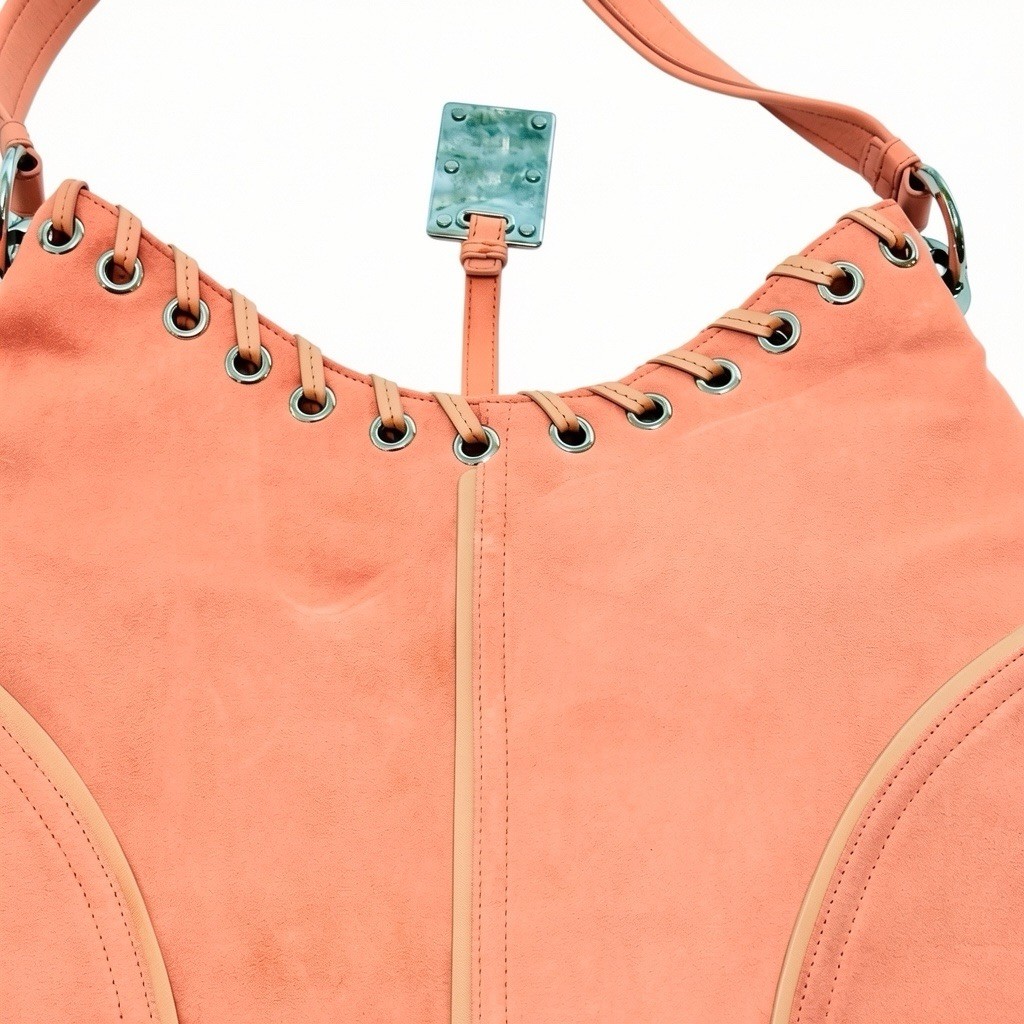 Sergio Rossi Coral Suede Hobo Bag Leather Laced Grommet Shoulder Purse Italy