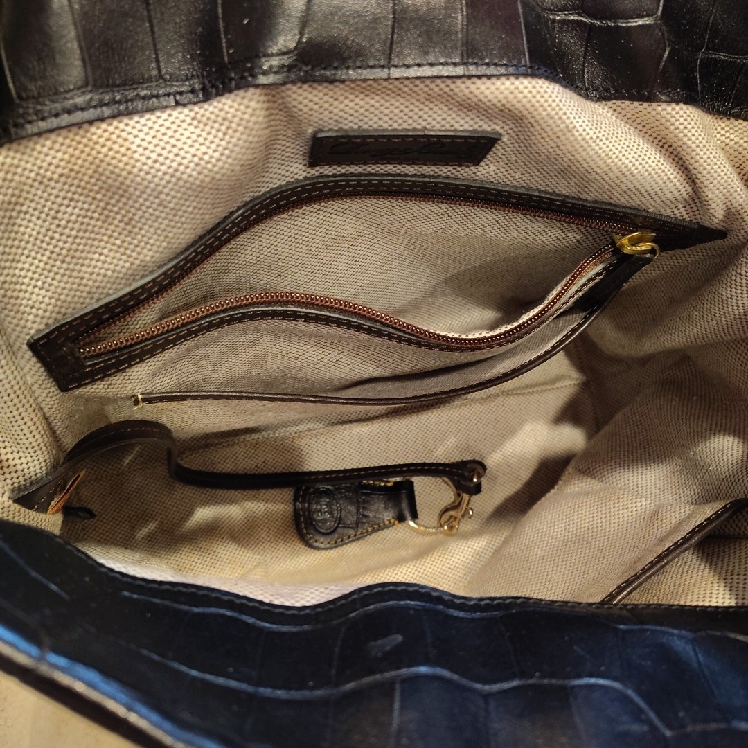 Dooney & Bourke Black With Brown Trim Croc Embossed Leather Logo Lock Hobo Bag