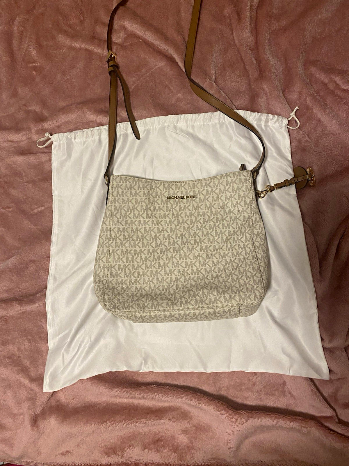 Michael Kors MK Logo Beige/Brown Crossbody Zip Bag Gold Hardware Charm Dust Bag