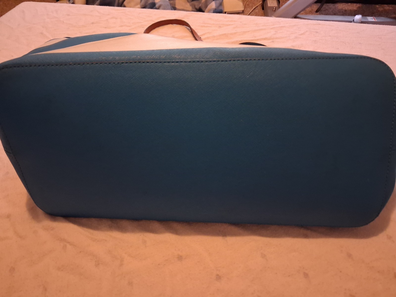 Michael Kors Blue White Striped Large Tote Bag Brown Double Handles Gold Charm