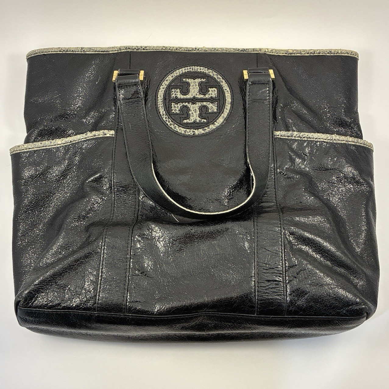 Tory Burch Black Tote Bag Gold Hardware Beige Lining Magnetic Closure Pockets