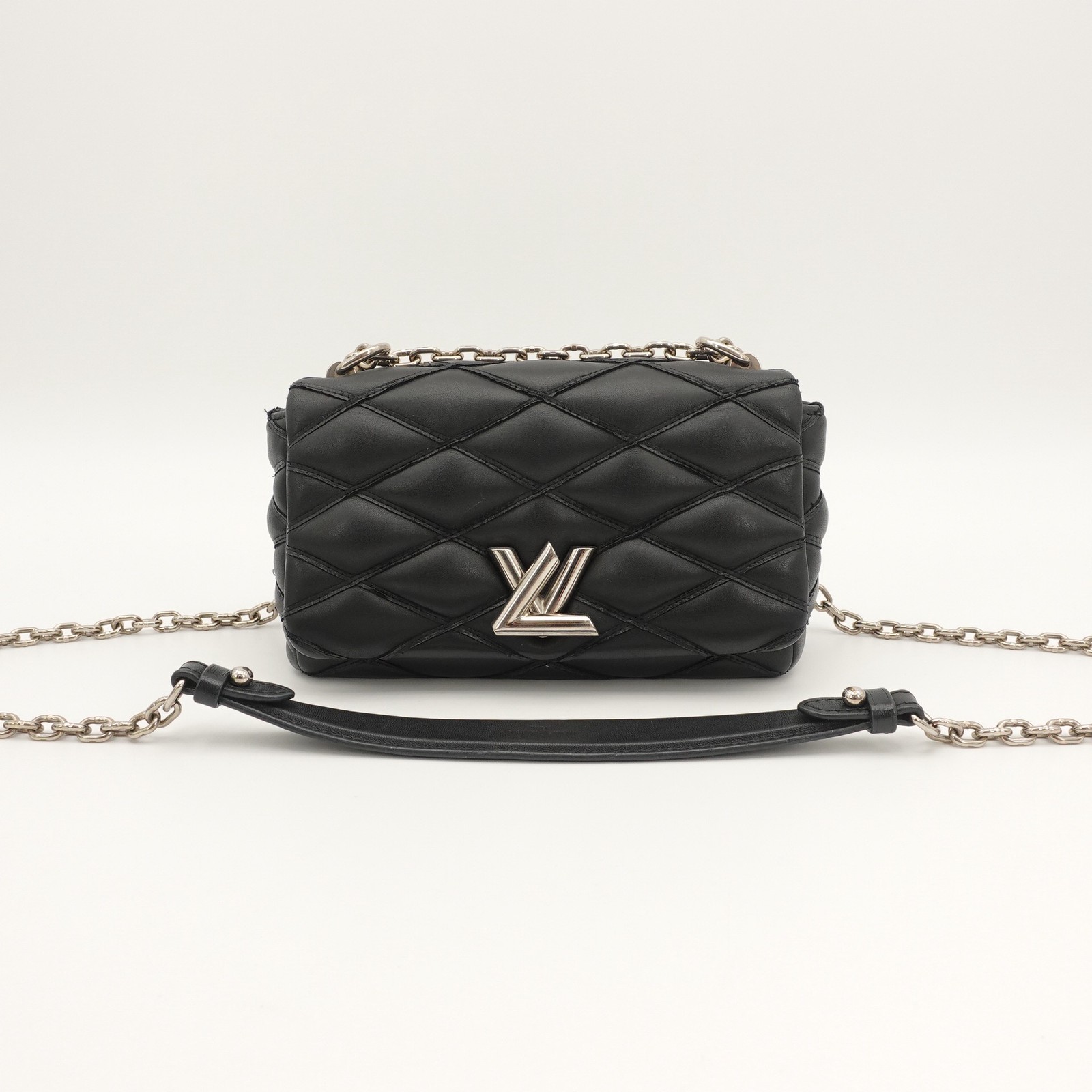 LOUIS VUITTON Twist Malletage Black Quilted Leather Silver Chain Crossbody Bag
