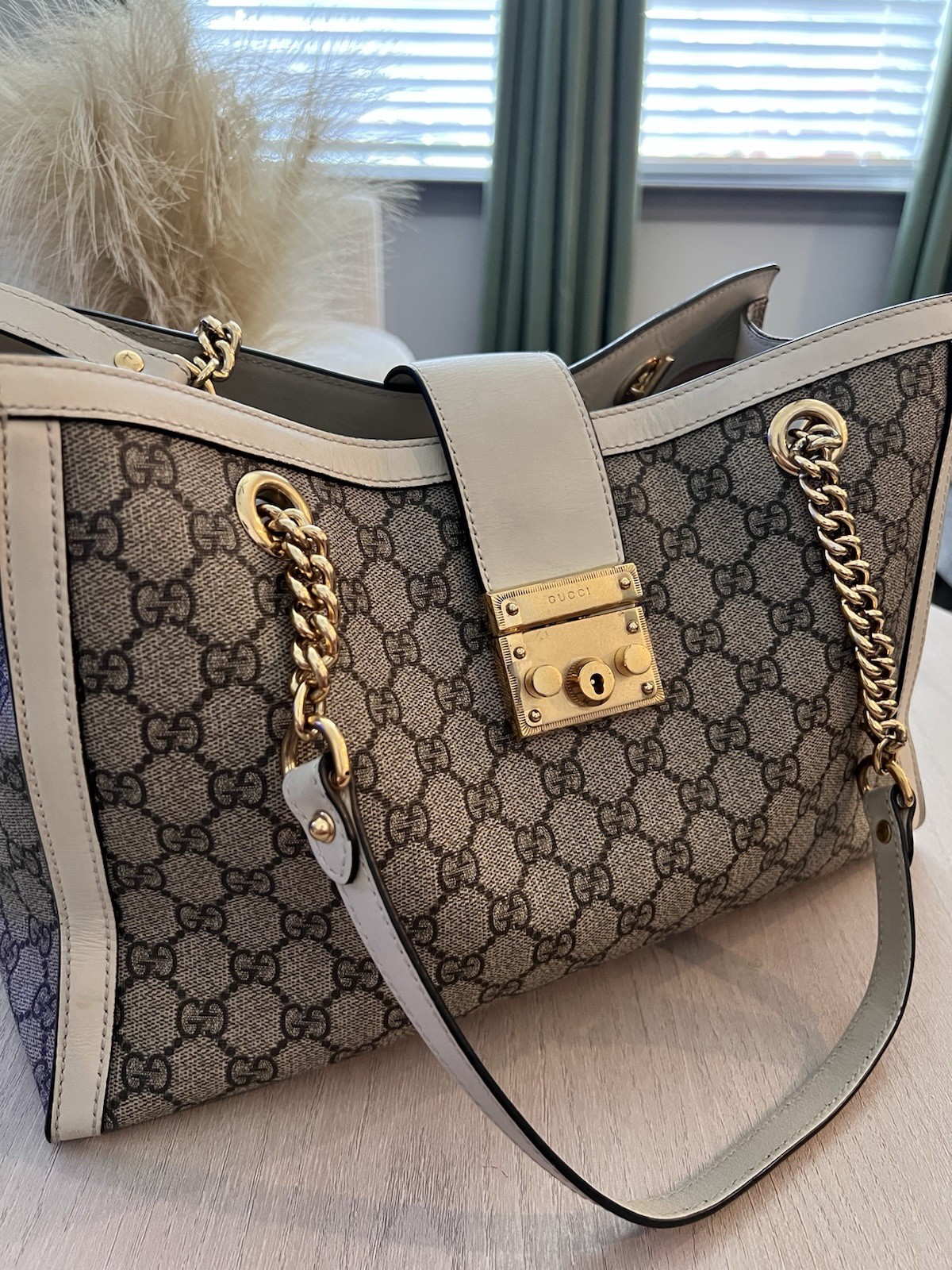 Pre-Loved Padlock Chain Tote GG Coated Canvas with Leather Medium, Neutral