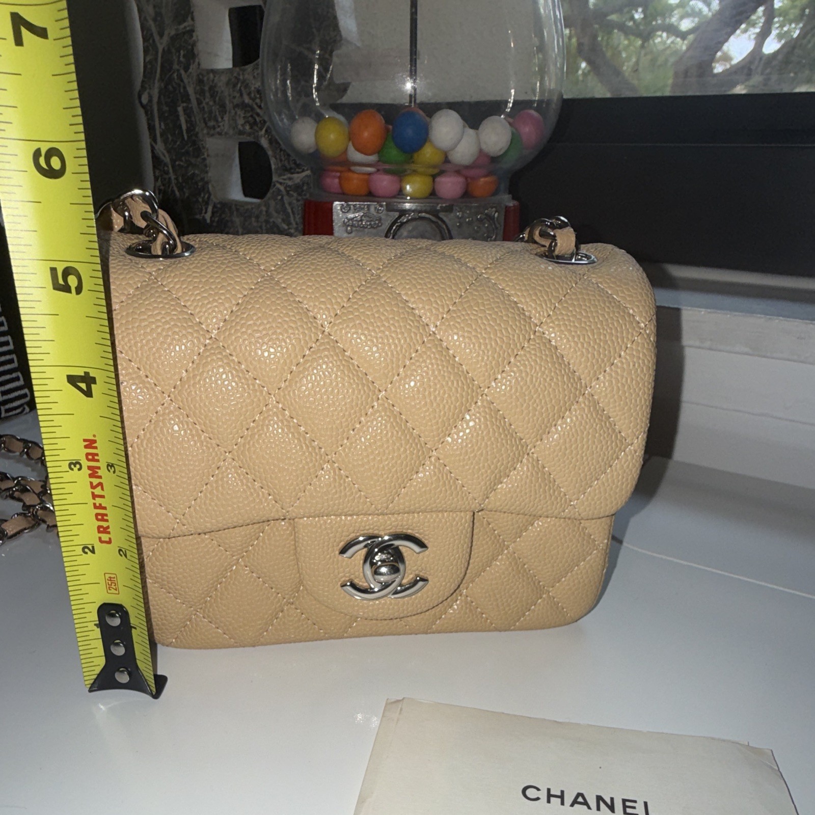 Beige Mini Quilted Flap Turn Lock Silver HW Chain Crossbody Card