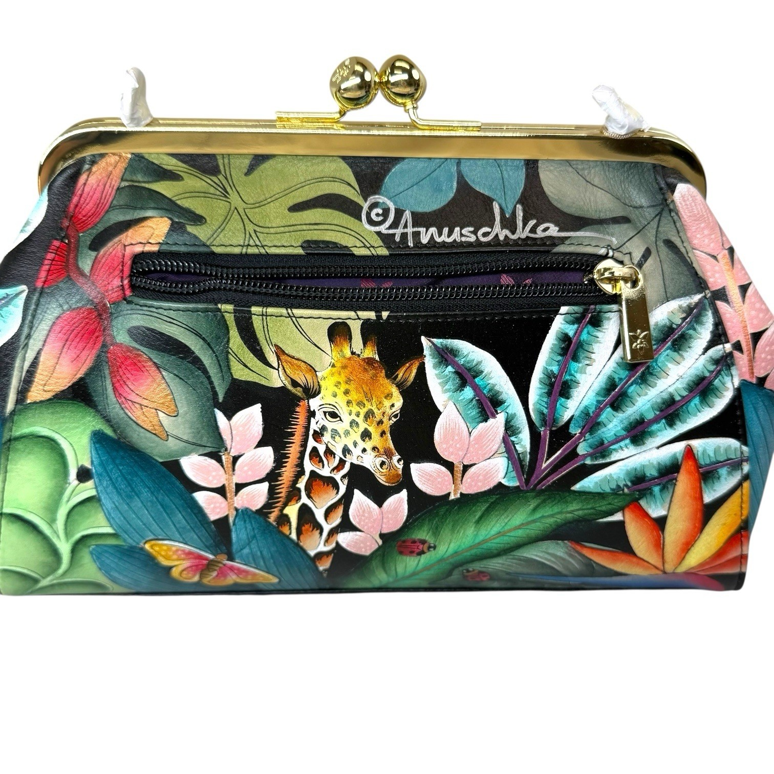 Anuschka Hand-Painted Jungle Kiss Lock Clutch Leather Crossbody Shoulder Purse