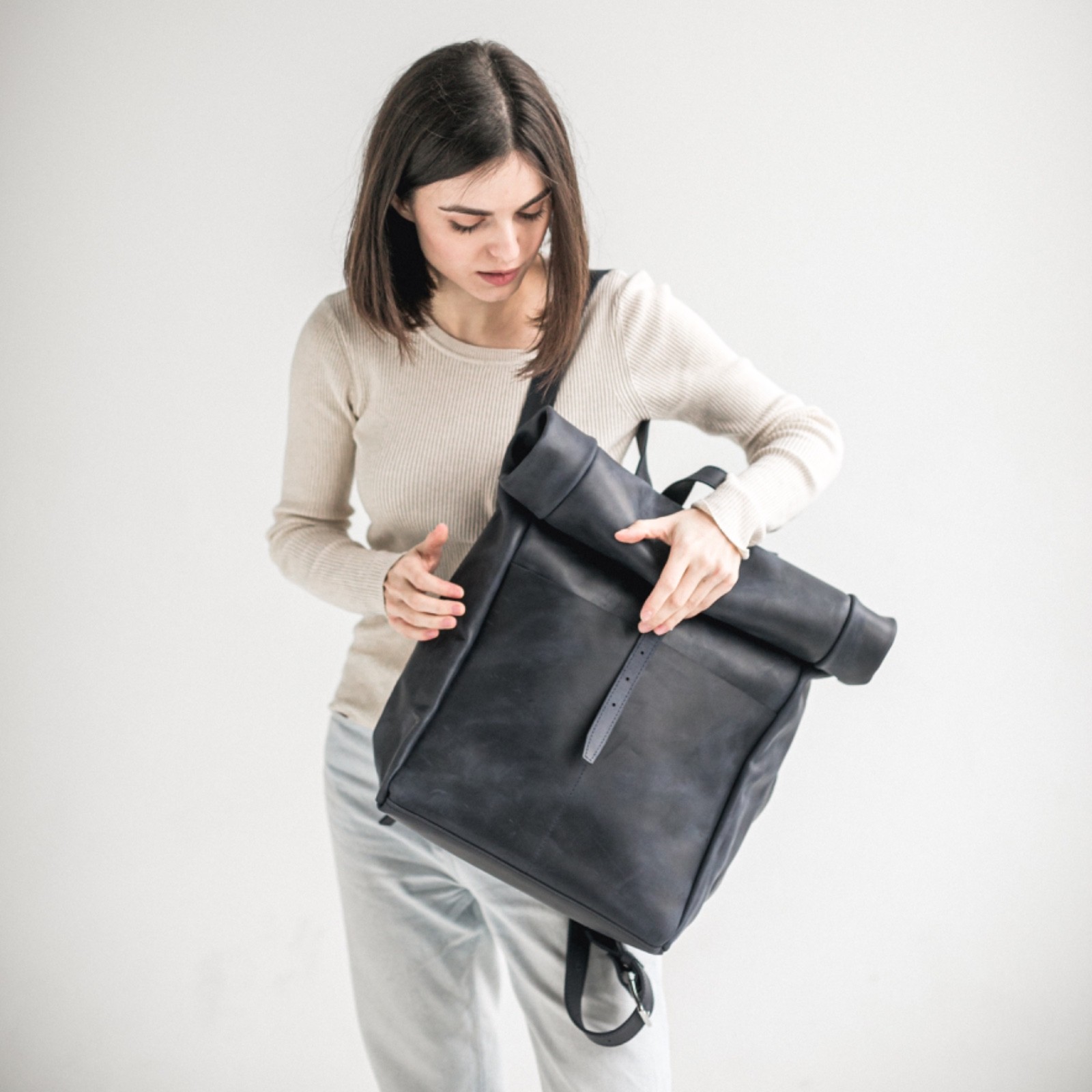Navy Blue Leather Roll Top Backpack Full Grain Laptop Bag Handmade Travel