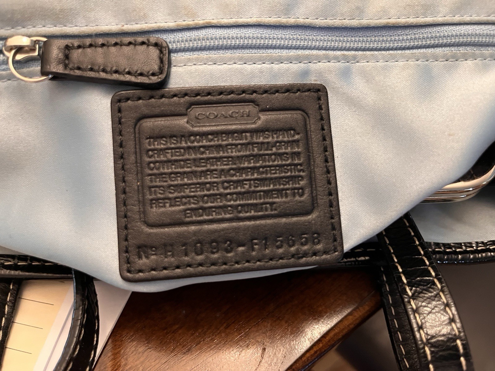 Coach Black Satchel Top Handle Kiss Lock Frame, Logo Pattern, Blue Lining