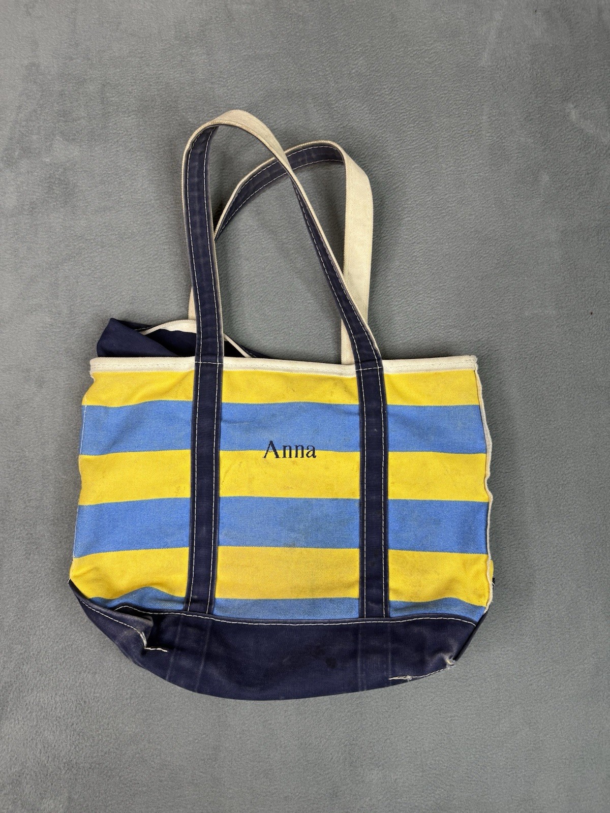 Vintage 16 In LL Bean Boat & Tote Blue & Yellow Stripe Zipper Top Canvas Bag USA