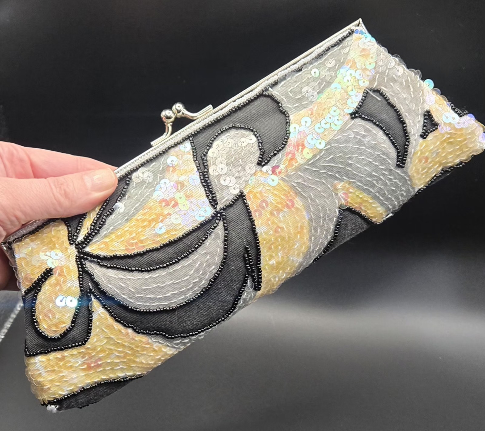 Max Mayer Beaded Sequin Geometric Metallic Clutch Kiss Lock Detachable Strap