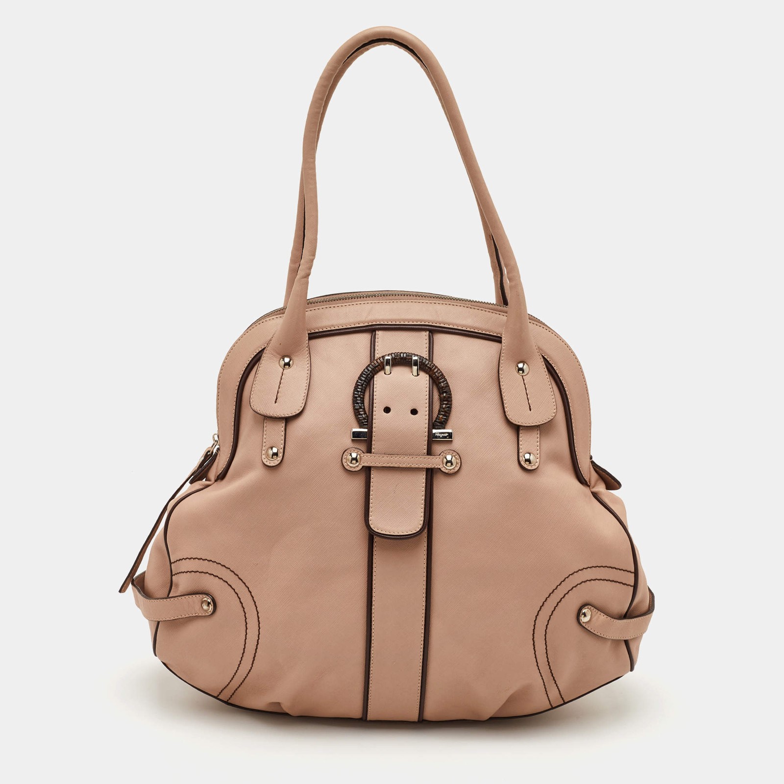 Salvatore Ferragamo Gancini Buckle Beige Leather Satchel