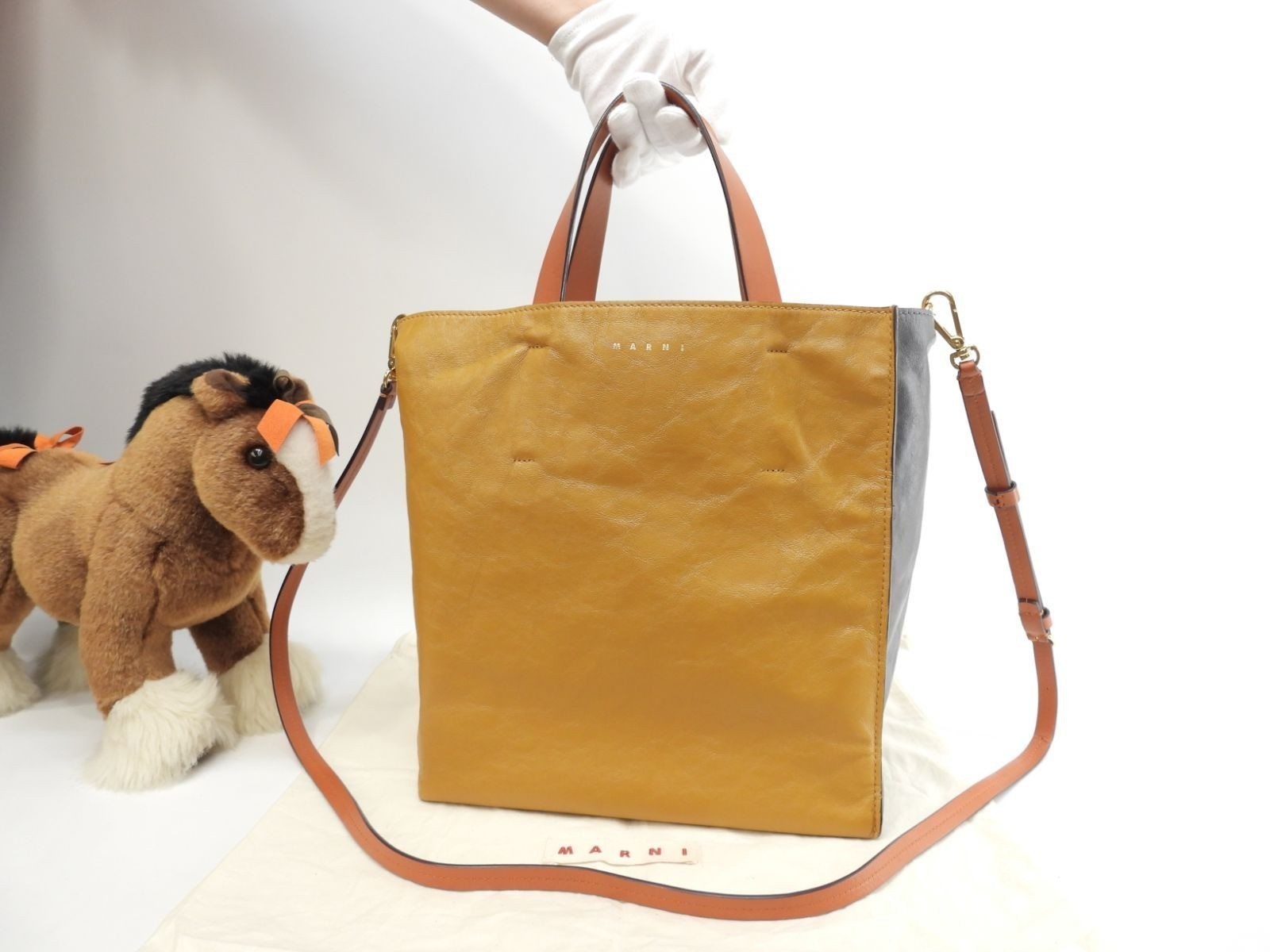 Marni MuseoSoft Small Tote Bag Leather Mustard Gray 9.8*10.6*4.5 inch