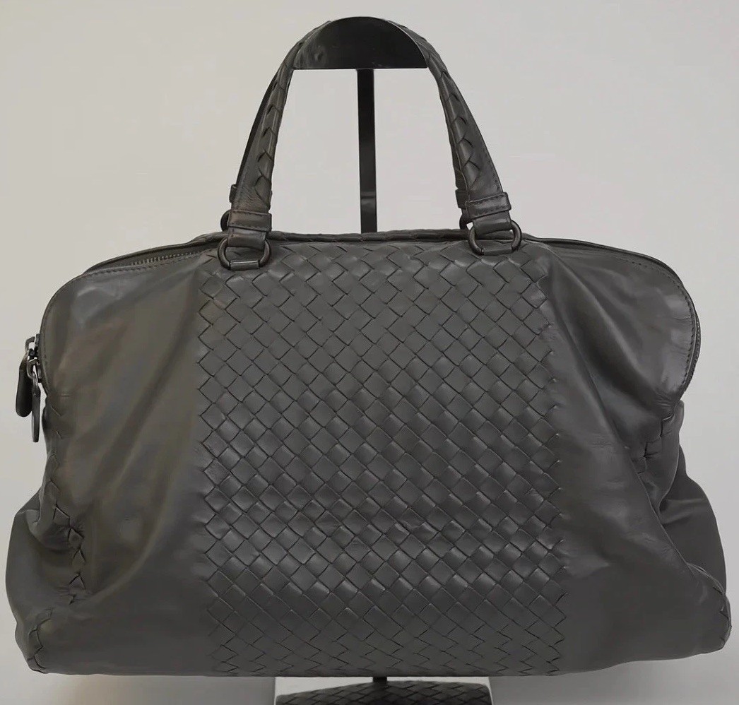 Authentic Bottega Veneta Intrecciato Gray Woven Leather Satchel Italy