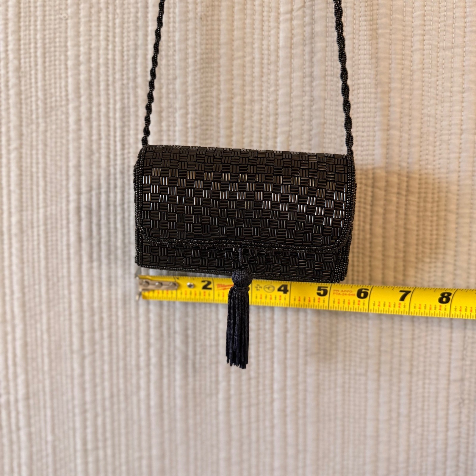 Handmade Vintage Black Beaded Tassel Crossbody Evening Bag Basketweave Clutch