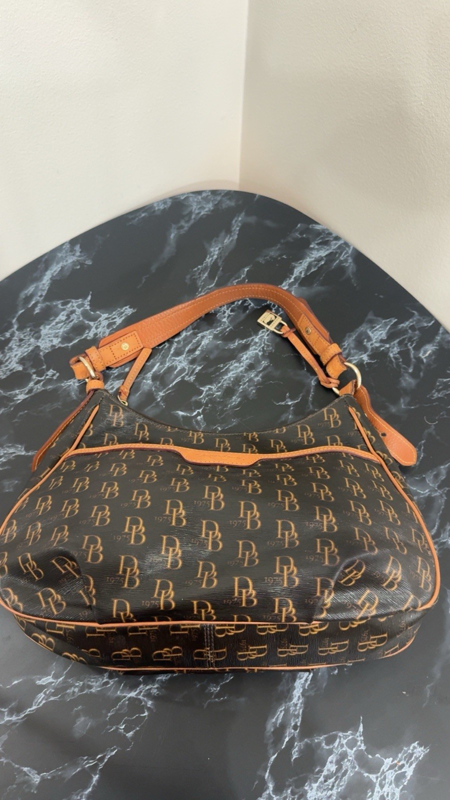 Dooney & Bourke Handbag Brown Logo Hobo with Tan Trim AUTHENTIC