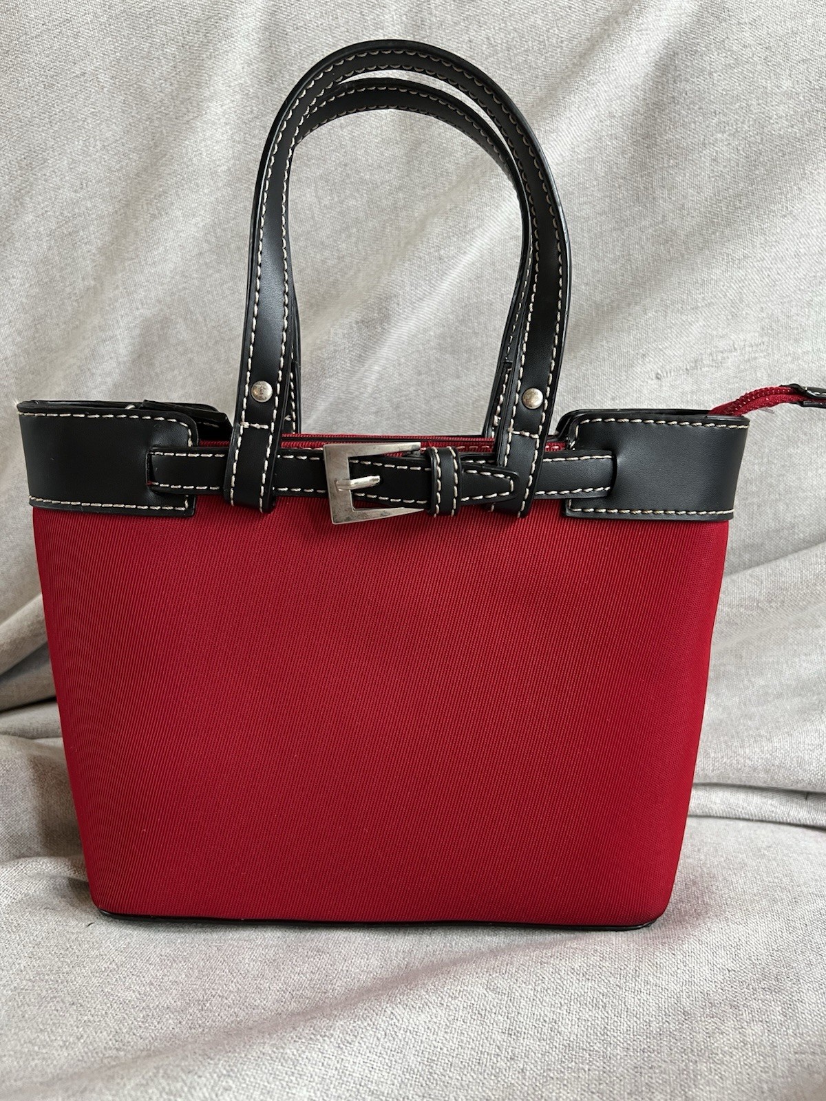 Vtg Etienne Aigner Mini Canvas Bag Red With Black Faux Leather Trim. 90s Y2K