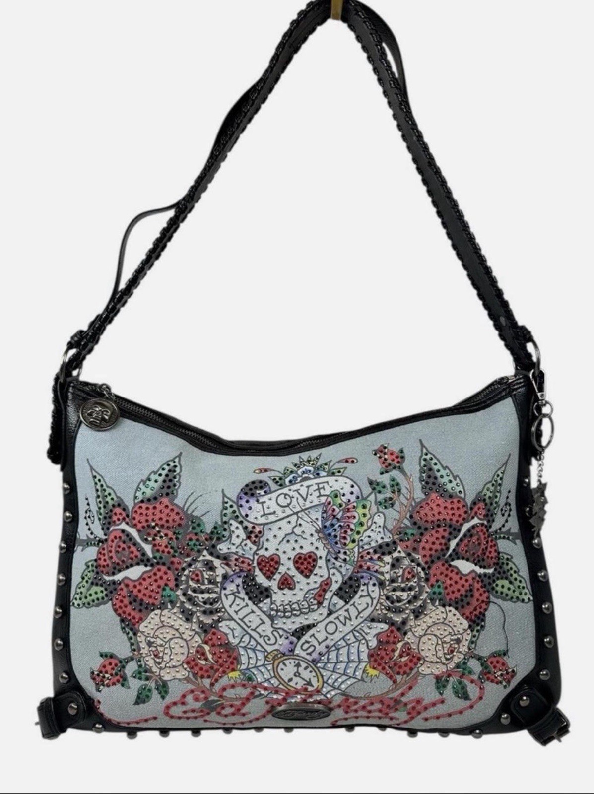Ed Hardy Medium Shoulder Bag/ Tote Studded Rhinestone Skull Floral Zip