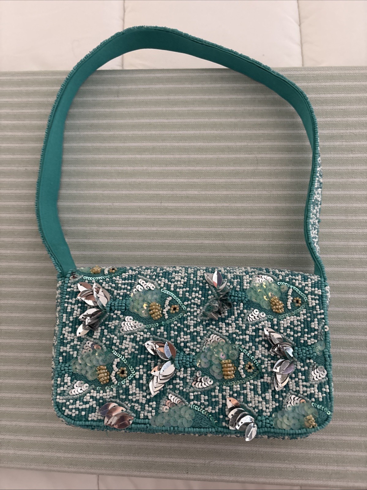 Viral Handcrafted In India Green And White Fishes Beaded Bag