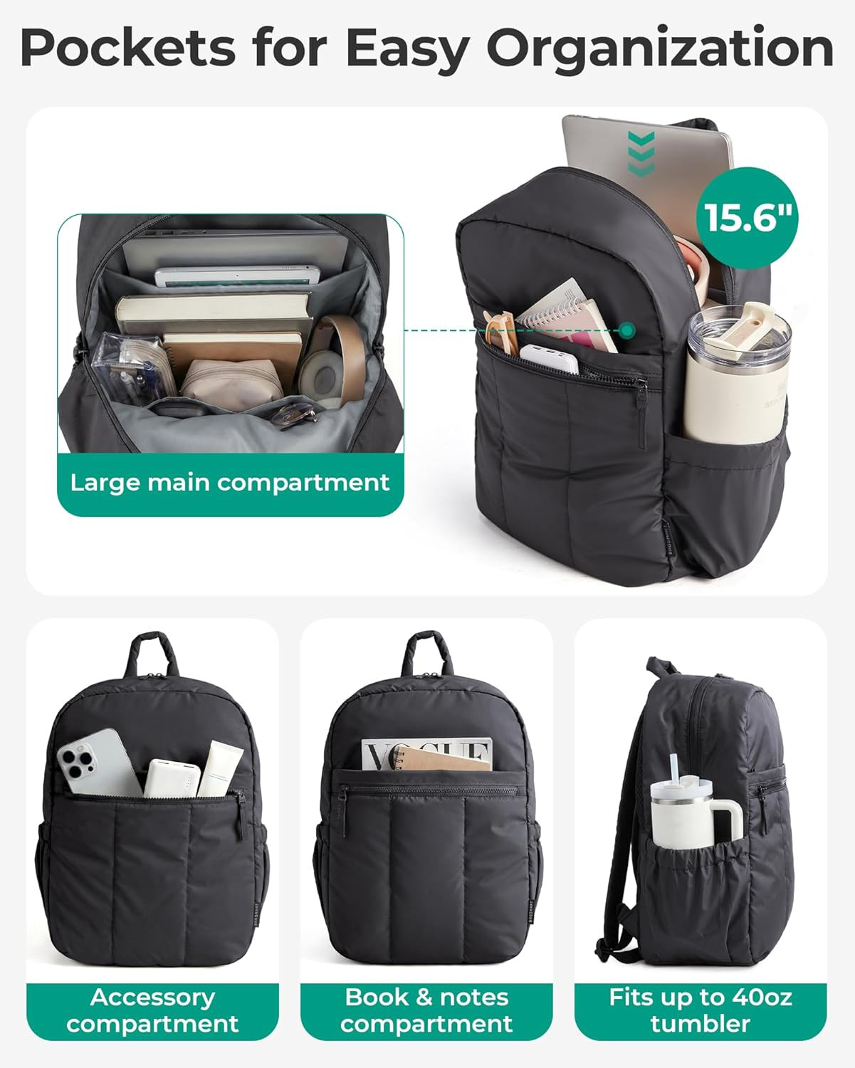 Backpack for Women, Travel Backpack with Large Side Pocket, 15.6 Inch Work Colle