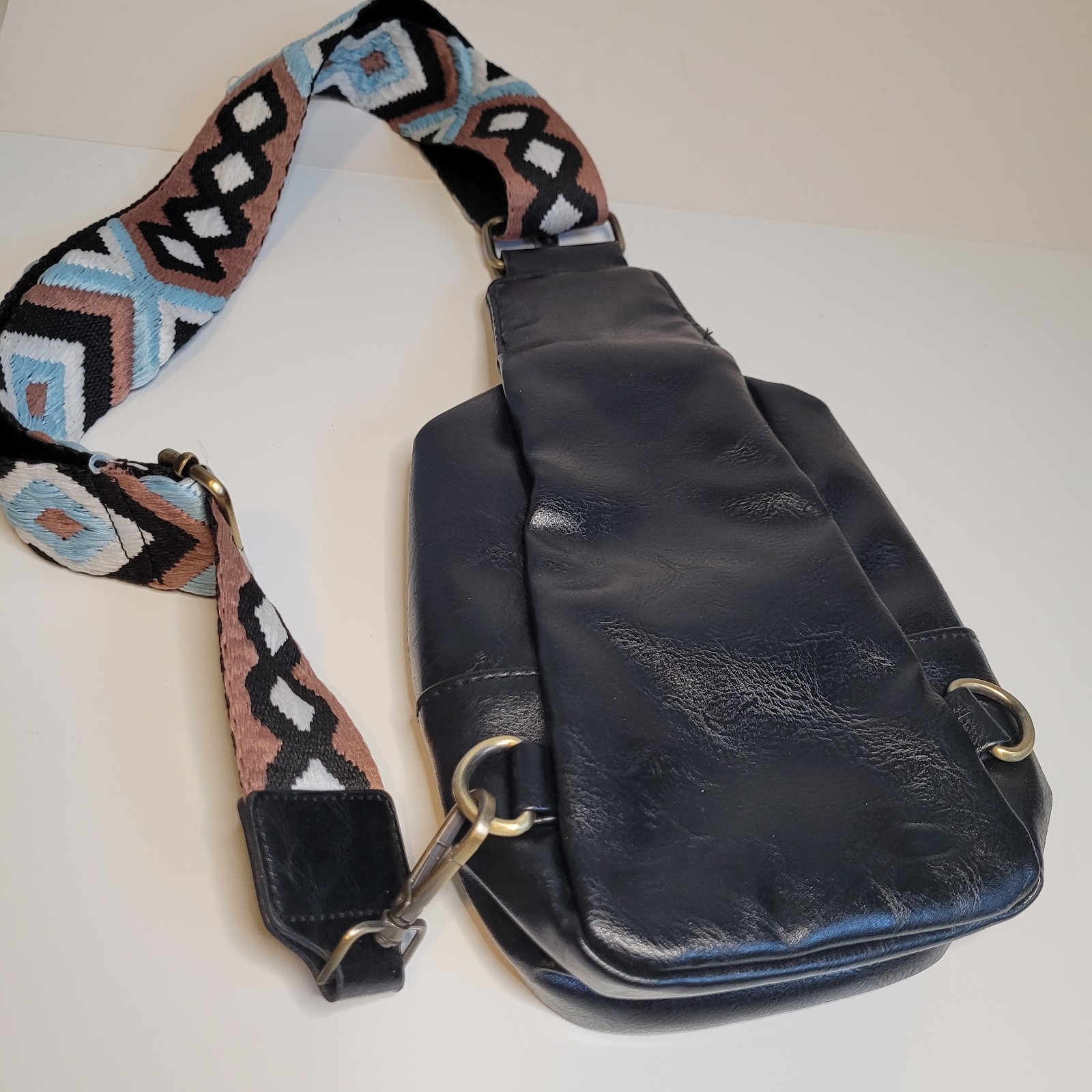 Black Vegan Leather Sling Bag with Guitar Strap Unbranded Nice! See Description!