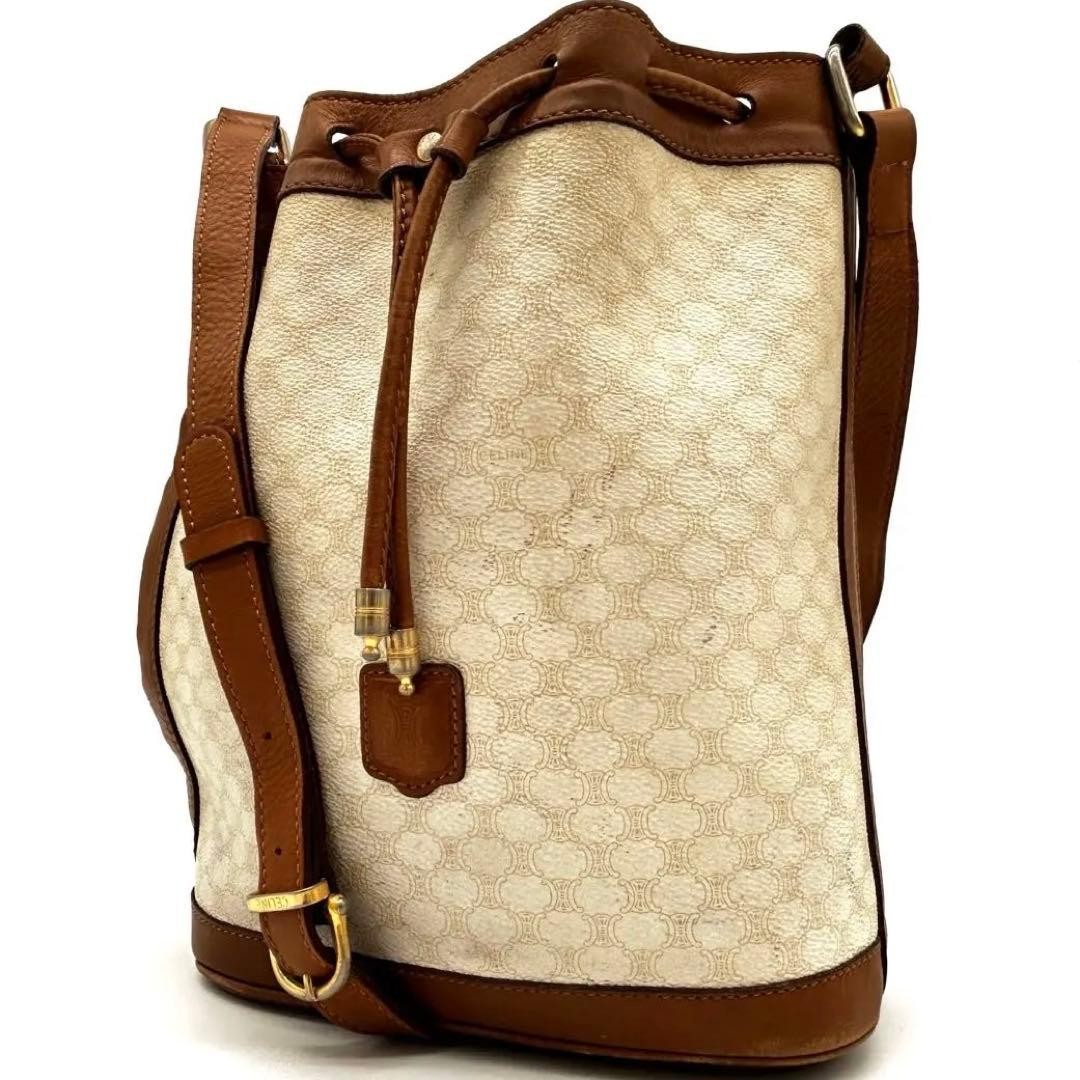 Celine Triomphe Macadam White Brown Bucket Drawstring Shoulder Bag Authentic