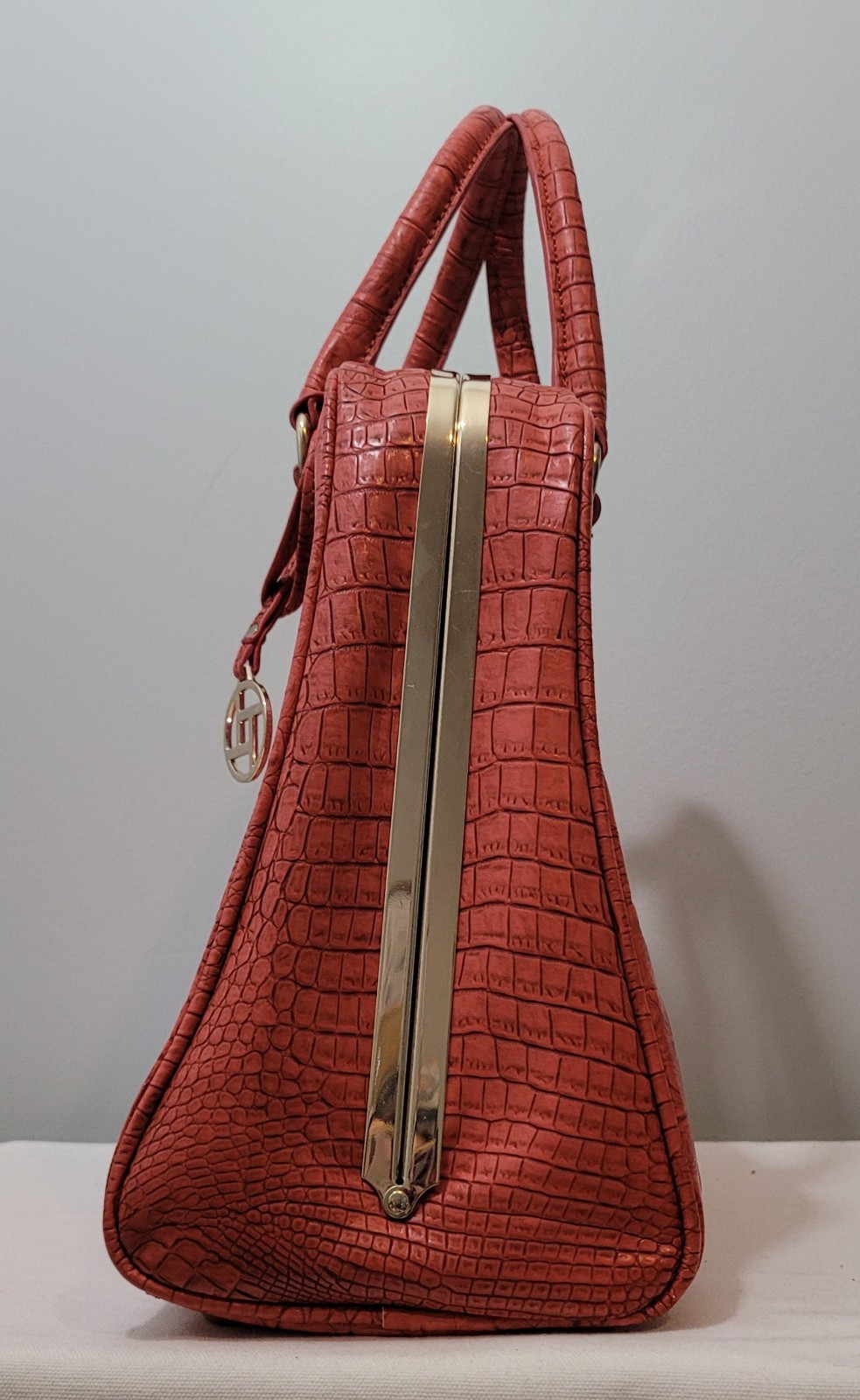 Croc Embossed Satchel Crossbody Bag Orange Faux Leather Shoulder Purse