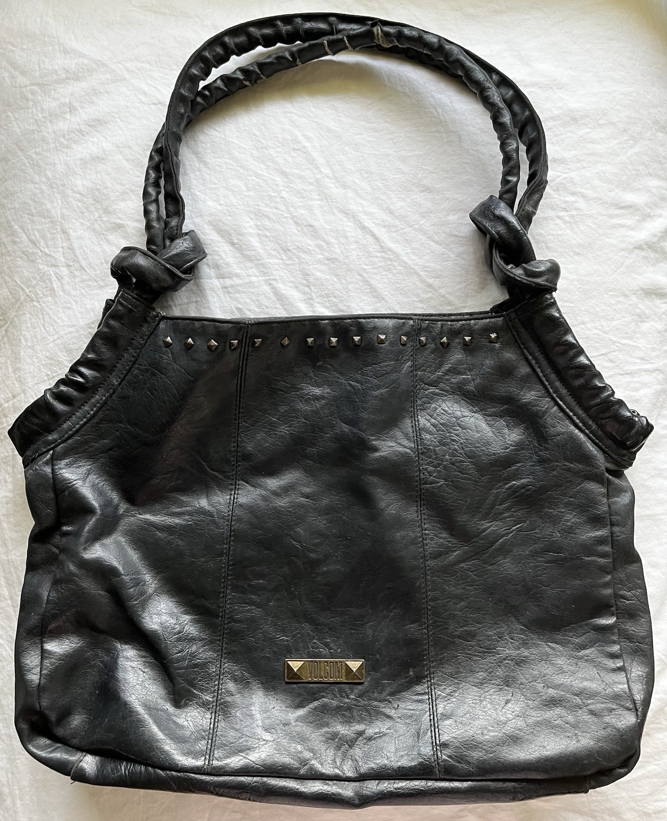 Large Women’s Volcom Black Faux Leather Studded Tote Bag With Striped Interior