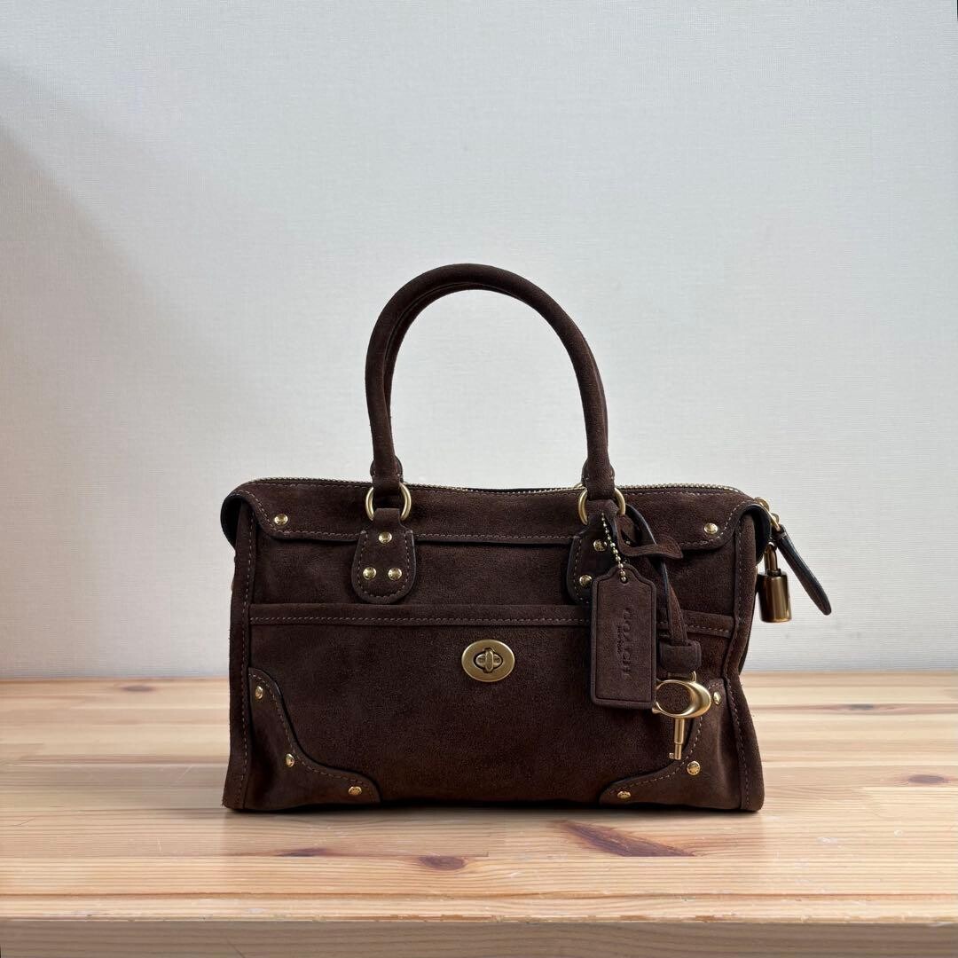 Coach Ryder Satchel Bag 24 Dark Chocolate Suede 2 Way 3 Way Brass Auth