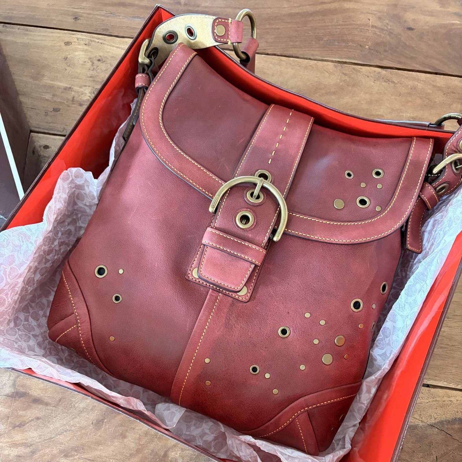 Vintage Coach Y2K Red Studded Studded Soho Shoulder Bag with Original Box