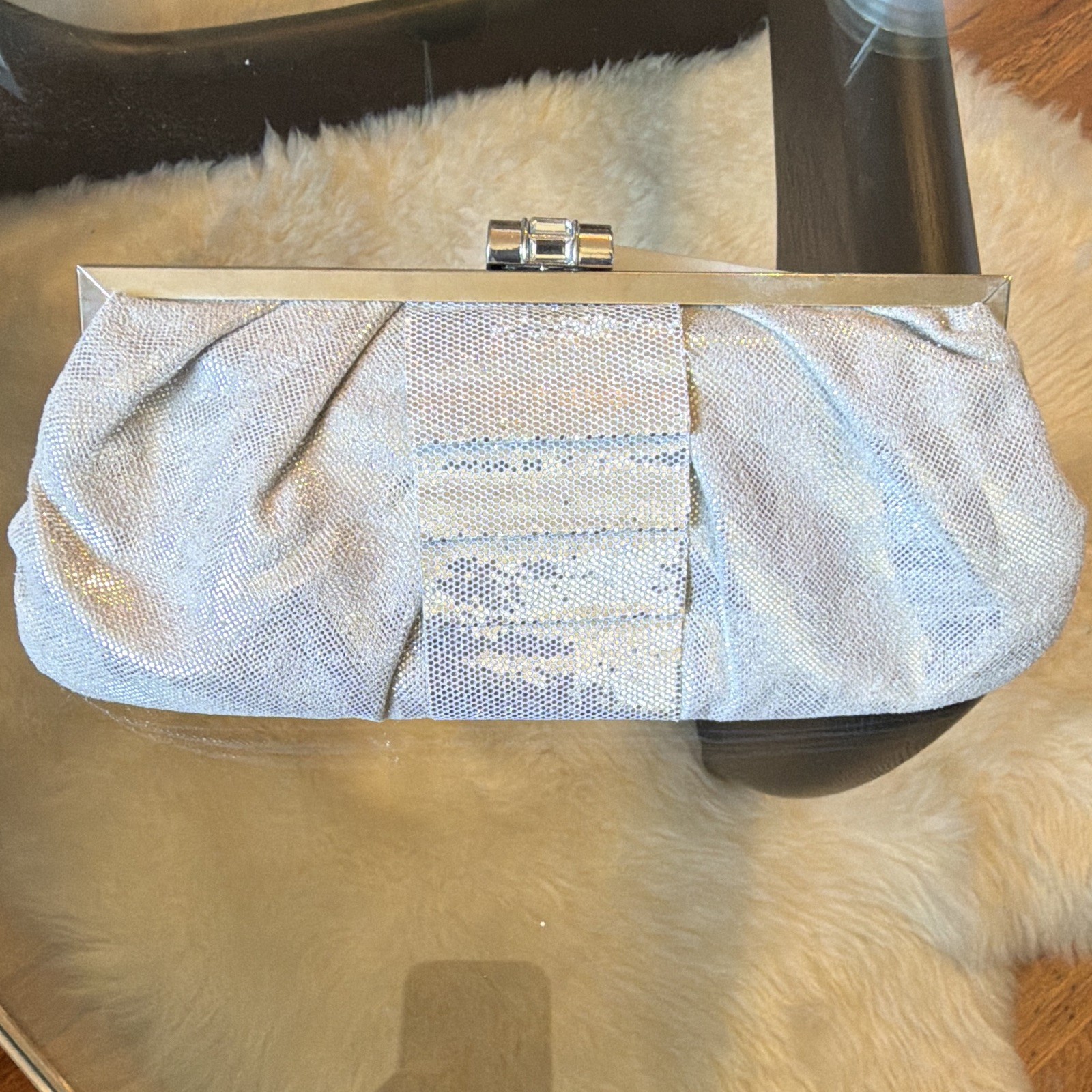 Lulu Townsend Silver Metallic Clutch Pleated Clasp w/ Detachable Chain Strap