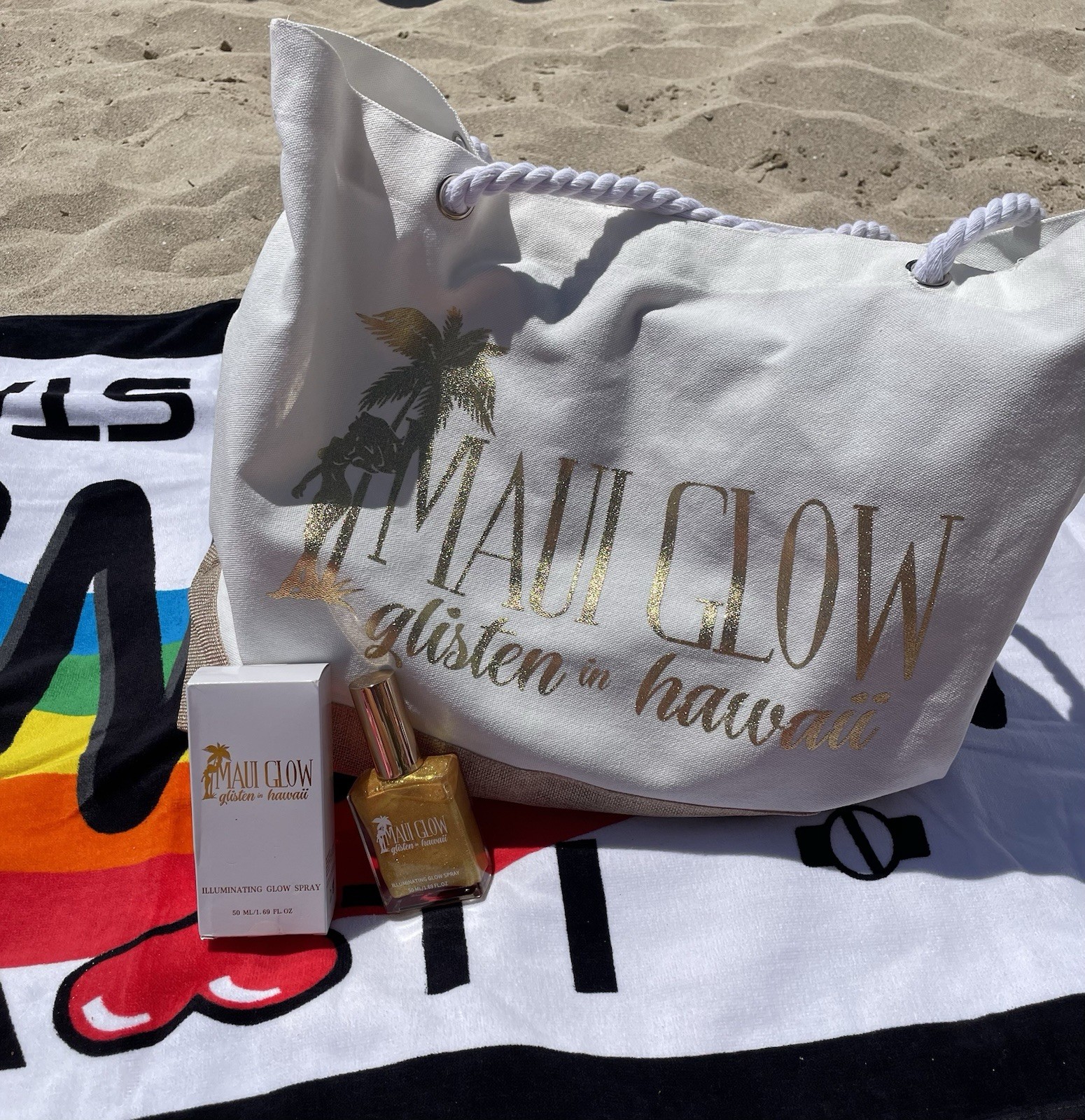 Maui Glow Beach Tote Bag White Rope Double Handles Large Lightweight w/ Pouch