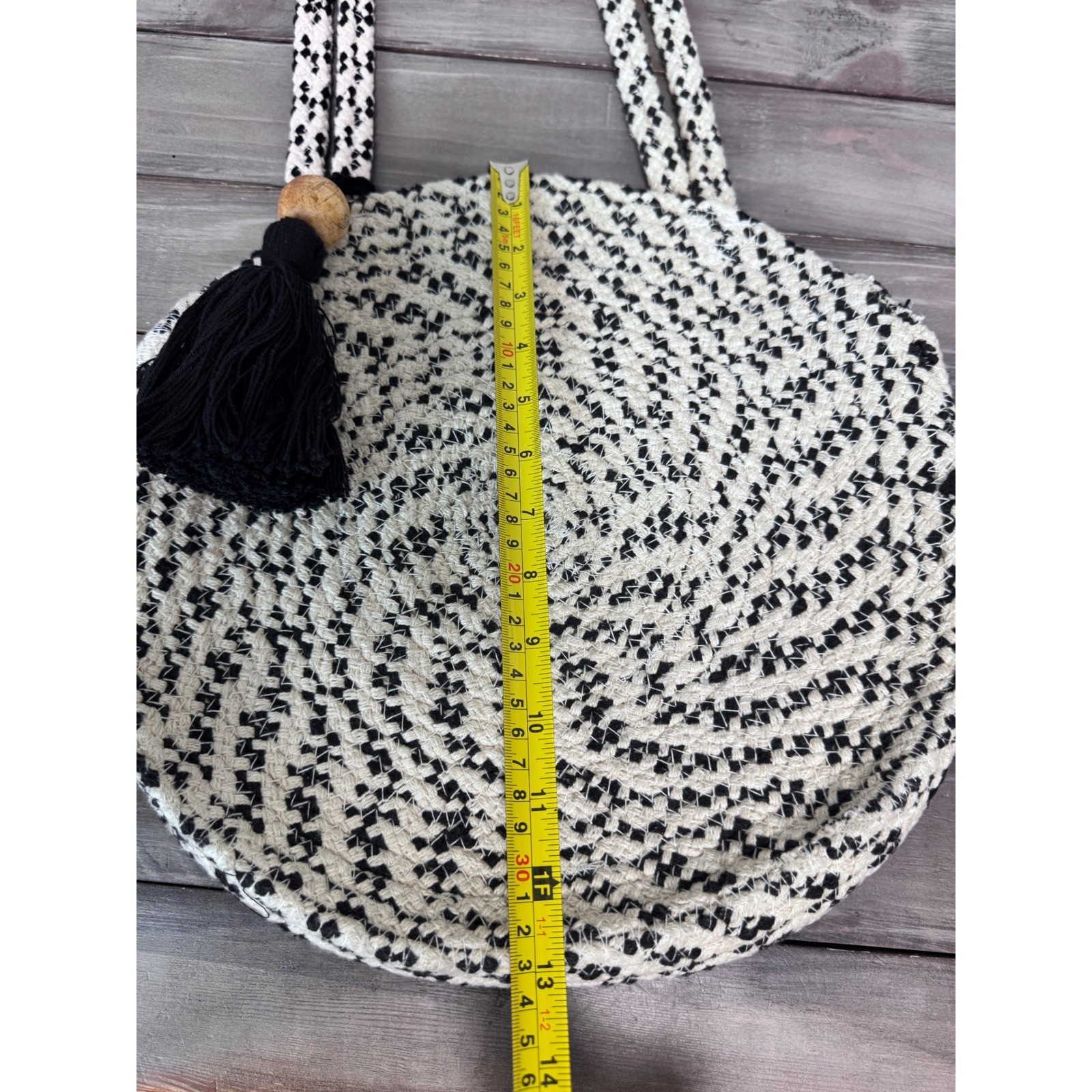 M&S Collection White Black Woven Cotton Round Shoulder Boho Bag with Tassel