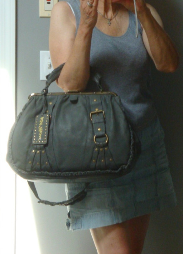 BETSEY JOHNSON Genuine Leather Gray Satchel Frame Bag Handbag Large Studded Y2K