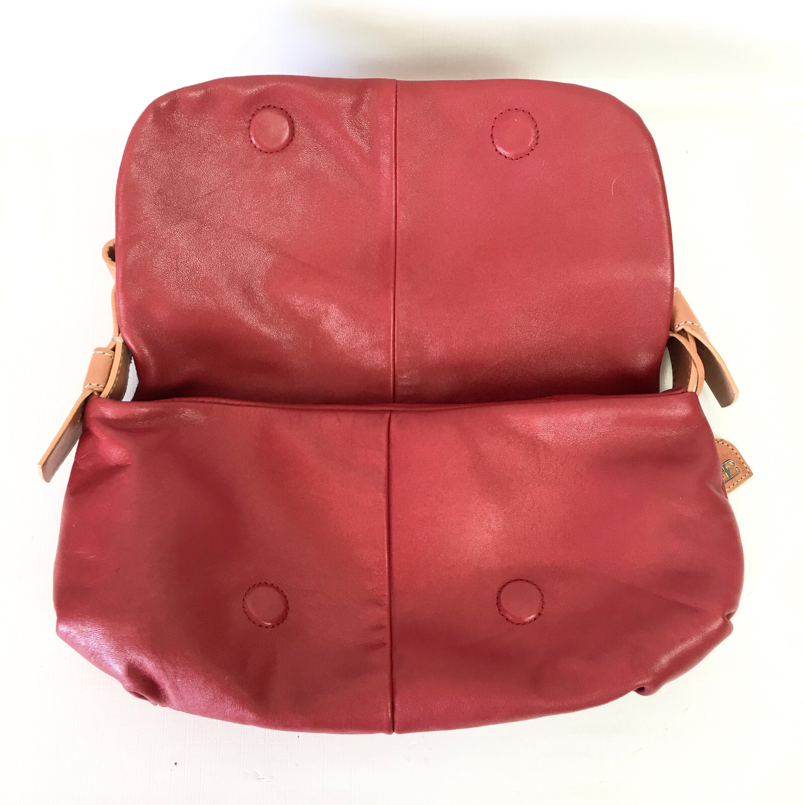 El Portal Shoulder Bag Red Leather Flap Purse Brown Trim
