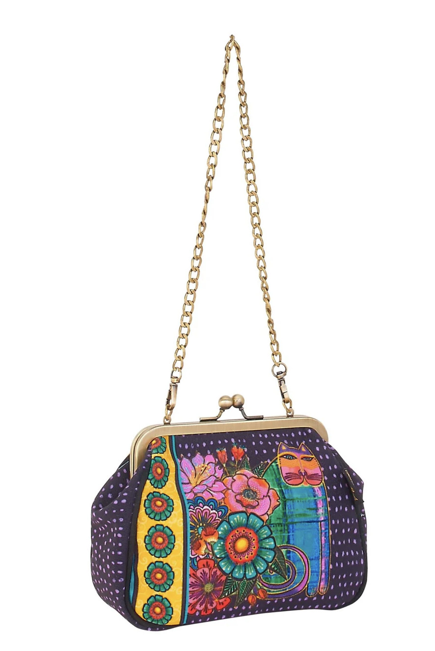 Laurel Burch Acacia Cat Clasp Purse with Shoulder Strap, 6” x 2.5” x 6”