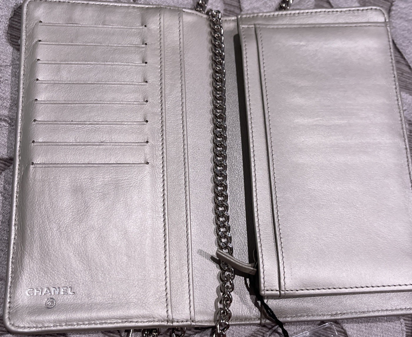 Pre-owned CHANEL Metallic Gold Caviar Leather Crystal Flap Wallet With Chain