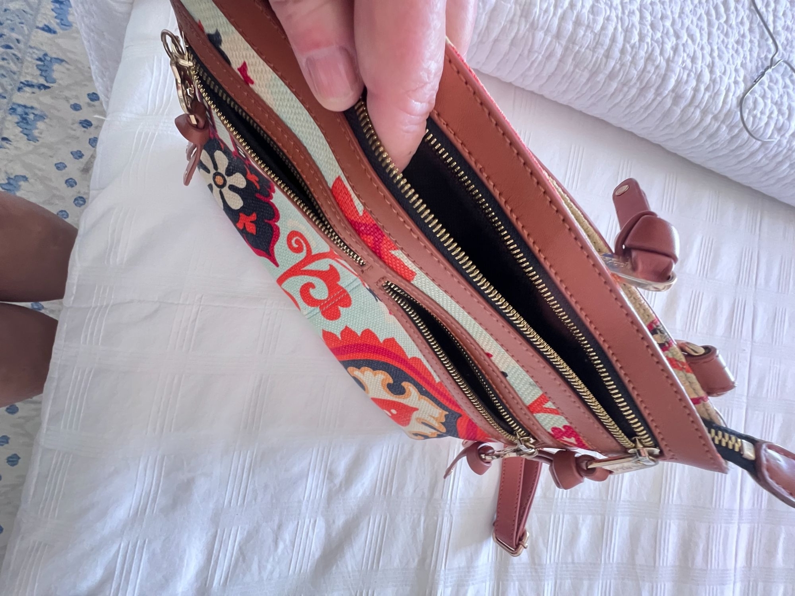 Spartina 449 Waving Girl Linen Crossbody Hipster Bag with Brown Leather Accents