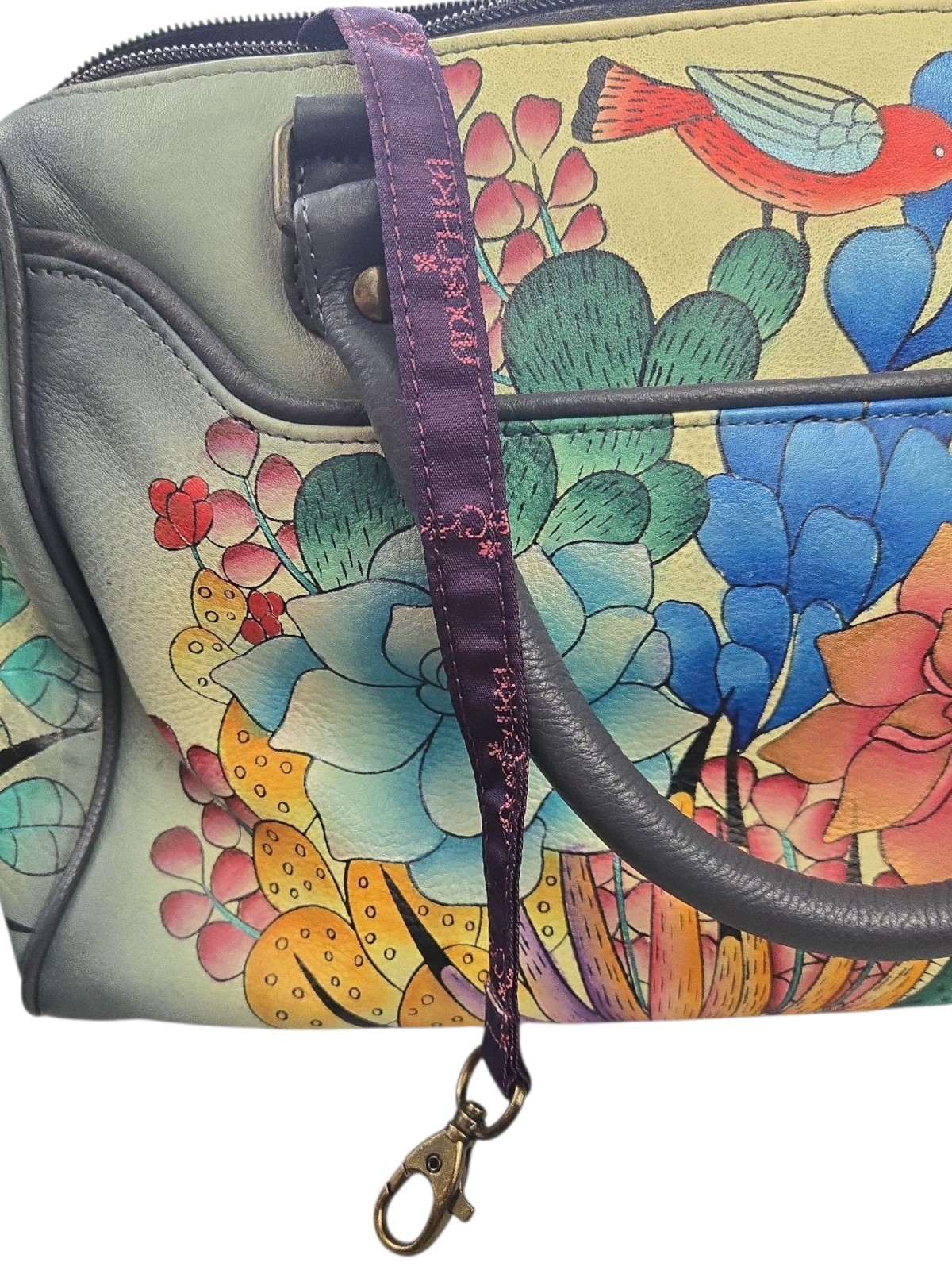Anuschka Hand Painted Leather Satchel Bag Bird Cactus Desert Floral Multi-Color
