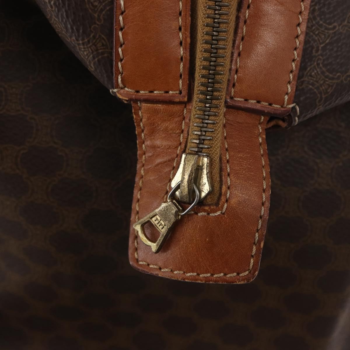 CELINE Macadam Canvas Boston Bag PVC Leather Brown Gold Auth ka2619