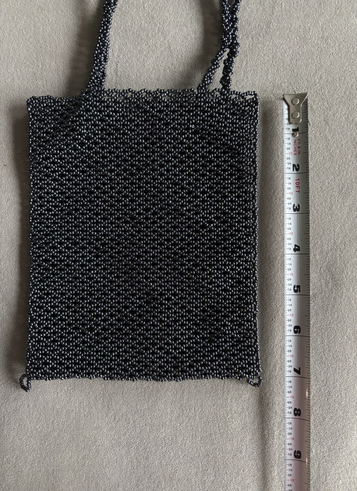 Fully beaded mini tote handbag in black – gray for any occasion.