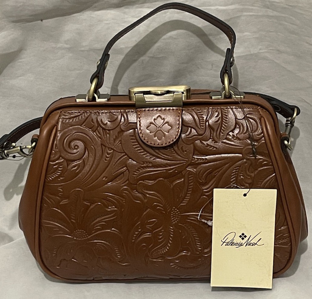 Patricia Nash Tooled Brown Leather Gracchi Framed Satchel w/ Shoulder Strap NWT