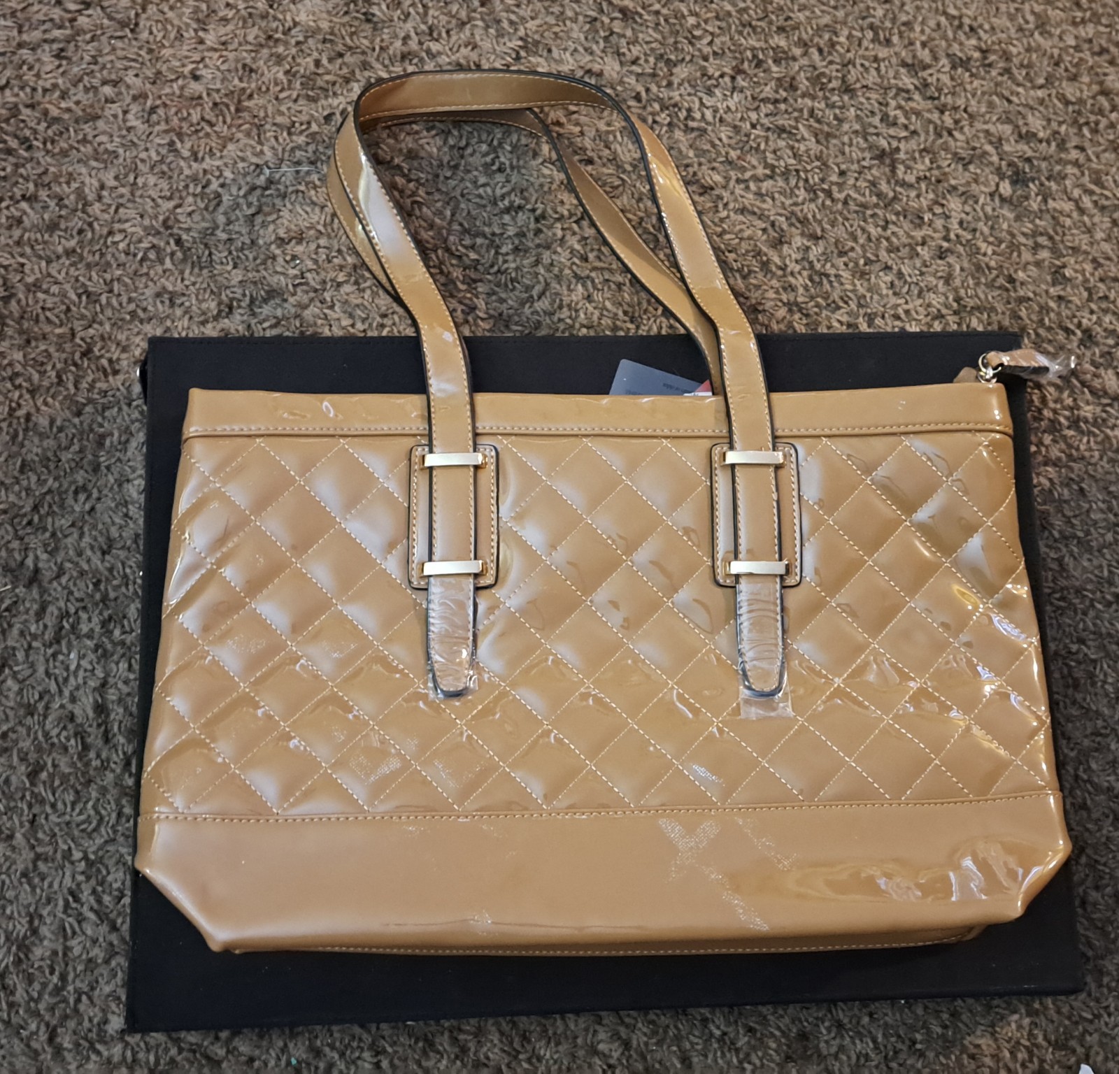Rimen & Co Beige Quilted Tote Bag Large Zip Top Purple Lined w/ Strap