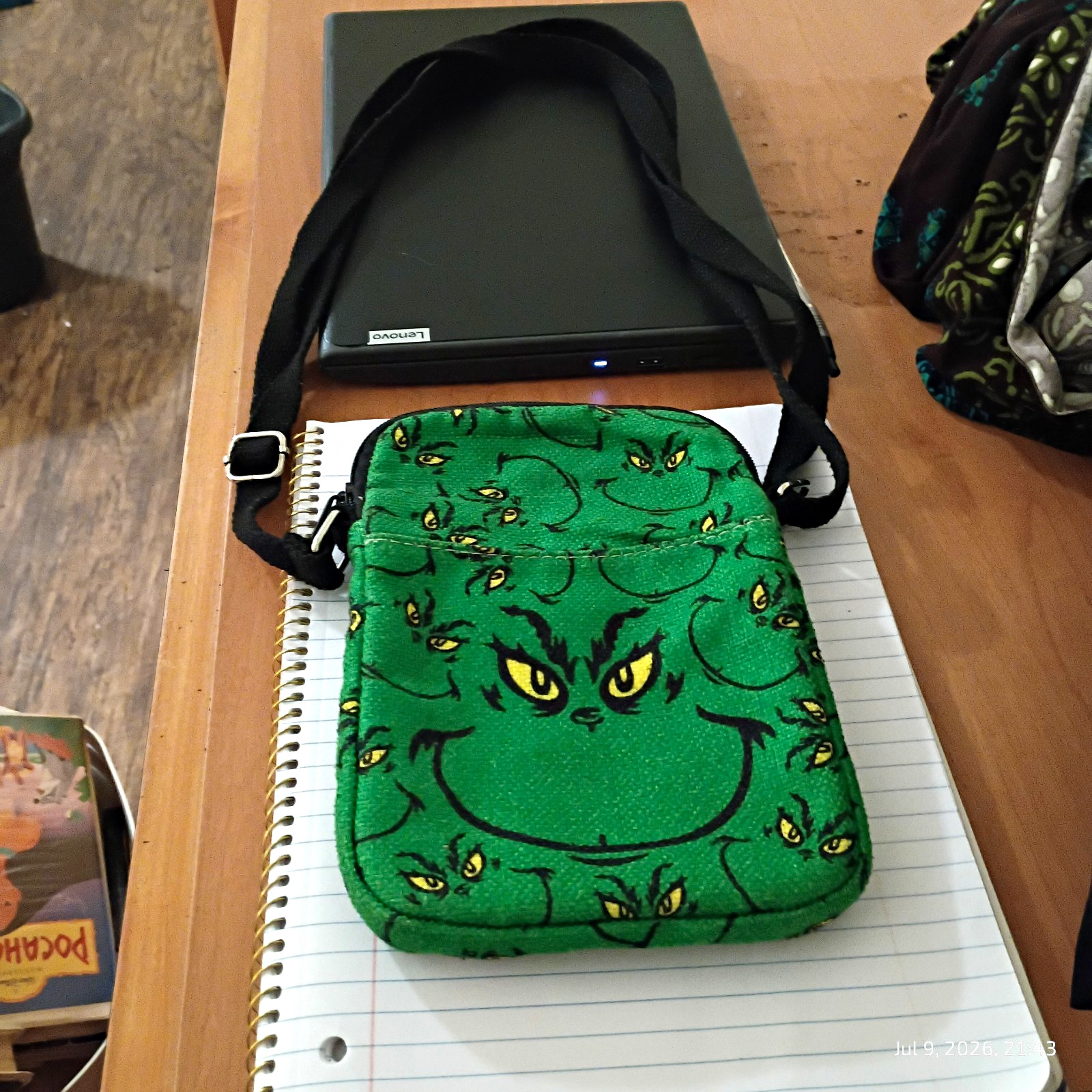 Green Grinch Character Print Crossbody Bag Zip Closure Adjustable Black Strap