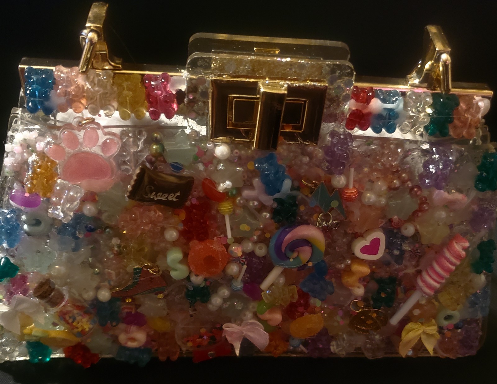 Clear Multicolor Beaded Box Shoulder Bag, Gold Tone Chain Strap, Clasp