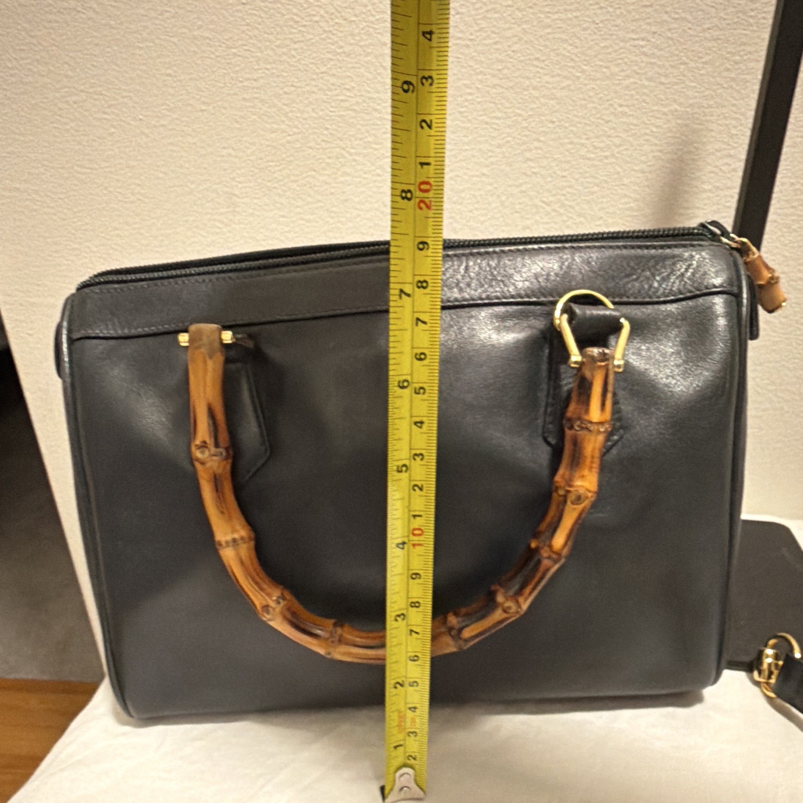 Gucci Black Satchel Top Handle Bag Bamboo Handles Zip Detachable Strap Gold