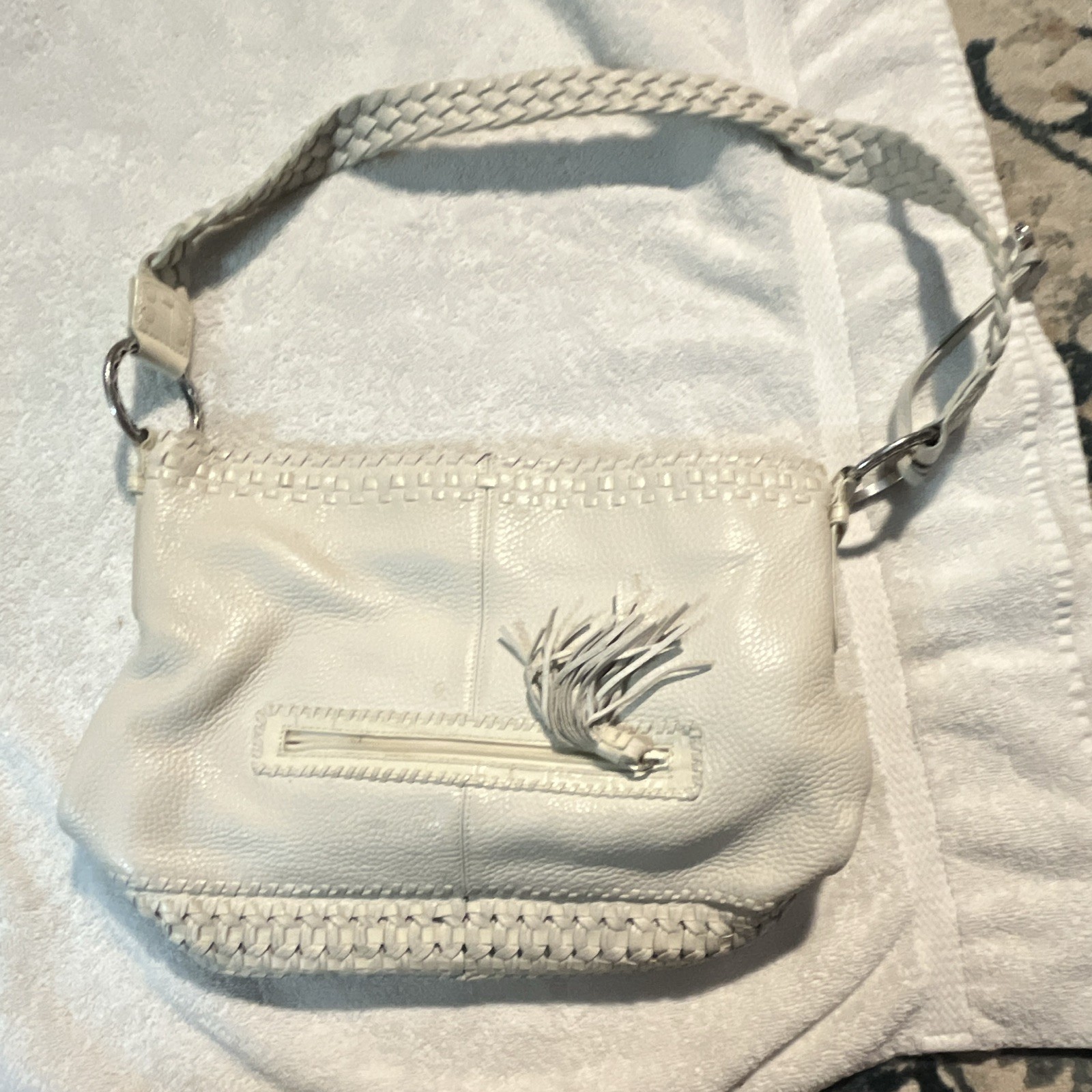 White Pebbled Shoulder Bag Braided Strap Tassel Zip Silver Hardware Floral Lined